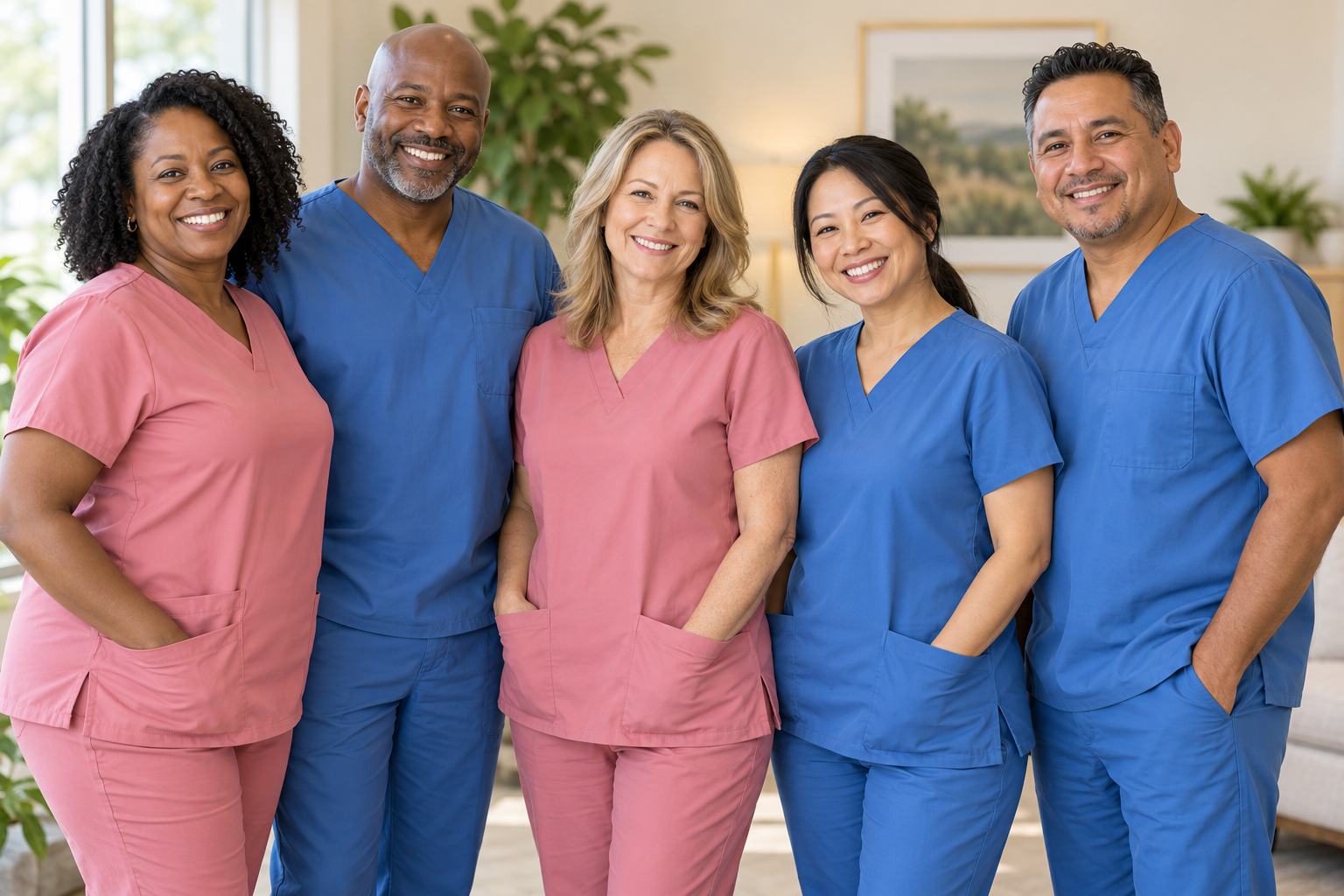 Illustrative diverse care team wearing blue and pink scrubs