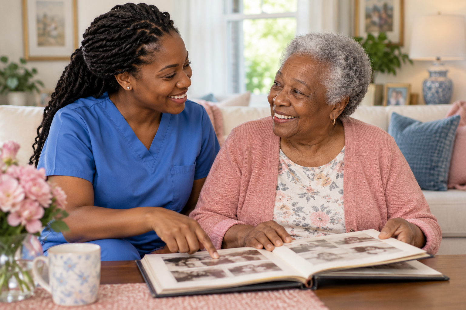 Illustration of a caregiver sharing a photo album with an older adult