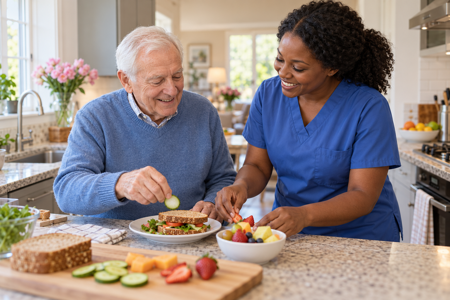 Illustration of a caregiver and an older adult preparing lunch together